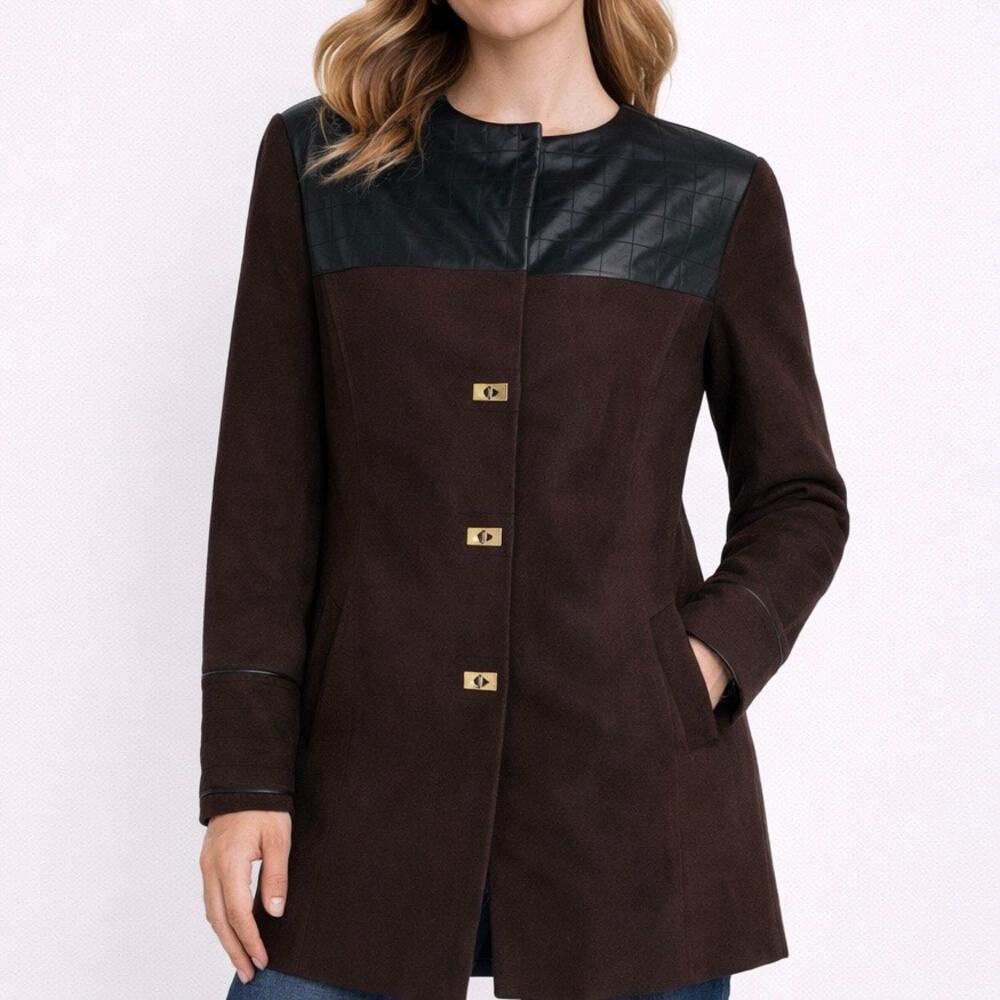 Etcetera Leather Trim Long Coat Jacket Turnlock Closure Brown Size 6
